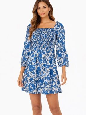 NWT Esprit mini dress M blue/white smocking frill floral cottage core cotton